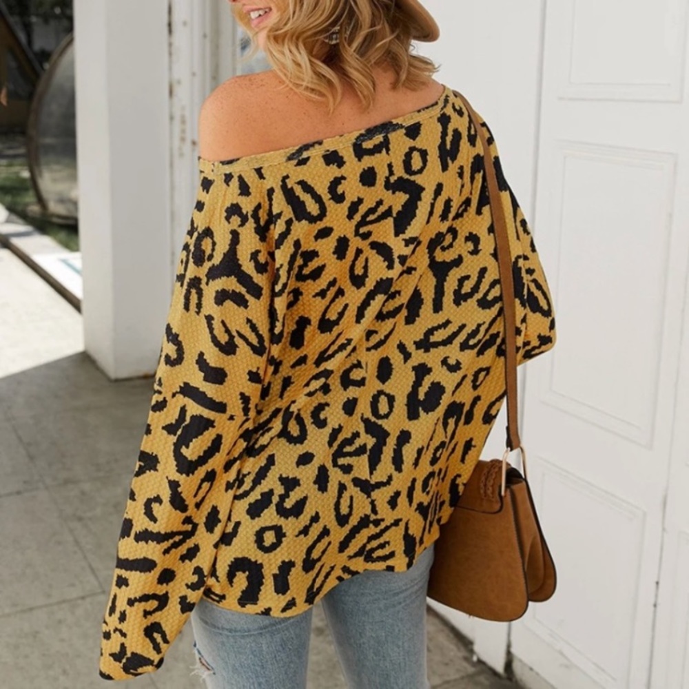 SOLD OUT CLEARANCE Yellow Leopard Waffle Off Shoulder Long Sleeve Top - Picture 3 of 3